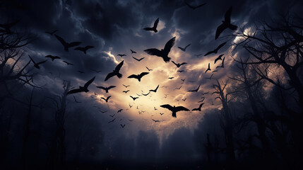 Dramatic mystical background - glowing full moon rises, flock of crows flies in dark sky, generative ai 