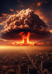 Drone view of a nuclear explosion occurring in a city during an apocalyptic war would create a fire mushroom cloud, generative ai 
