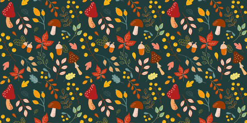 Autumnal seamless pattern with hand drawn seasonal elements