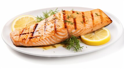 Grilled salmon with lemon on a plate isolated on white background