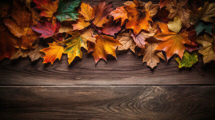 Colorful Fall Leaves on Wood Background - Generative AI
