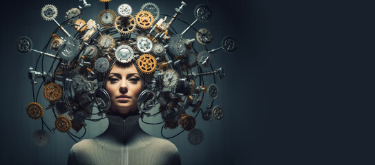 Woman with clock wheels, gears, above her head. Time, thinking, mental health concept. AI generative, illustration