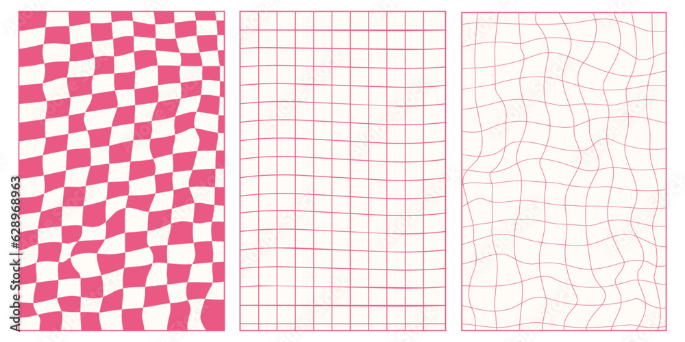 Sticker vector set of groovy 70s pink poster.chessboard and twisted patterns. backgrounds in trendy retro tr