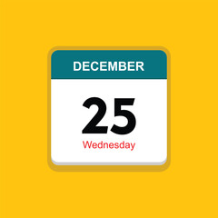 wednesday 25 december icon with yellow background, calender icon