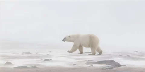 Foto op Canvas In the vast expanse of the Arctic tundra, a solitary Polar Bear traverses the icy terrain, its pure white fur blending seamlessly with the snow-covered landscape. © ckybe