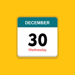 wednesday 30 december icon with yellow background, calender icon