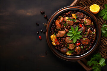 Feijoada: A Traditional Brazilian Dish - Top View of Flavorful Black Beans, Pork, and Sausage on a Woody Background empty canva presentation 