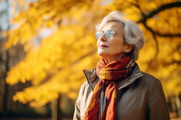 thoughtful senior woman in a jacket looking up in the autumn in the park. High quality photo