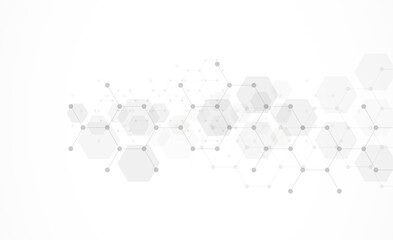 Hexagons pattern on gray background. Genetic research, molecular structure. Chemical engineering. Concept of innovation technology. Used for design healthcare, science and medicine background - obrazy, fototapety, plakaty