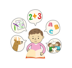 vector kid reading a book to learn many things, match, english, art, animal