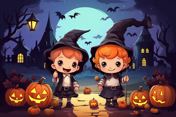 Colorful halloween illustration of kids dressed in costumes going on trick or treat. High quality photo