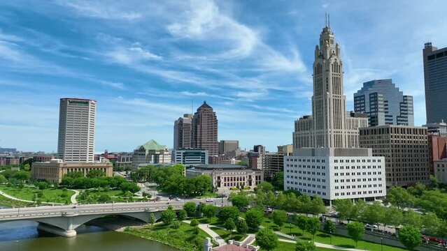 Slow Tilt Up Of Aerial Video Over Downtown Columbus Ohio With River And LeVeque Tower