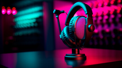 Obraz premium headphones and microphone on table with music. Generative AI