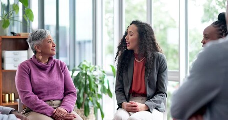 Business woman, group discussion and office circle with human resources and support. Community, empathy and team building for mental health and workshop with communication of staff in meeting