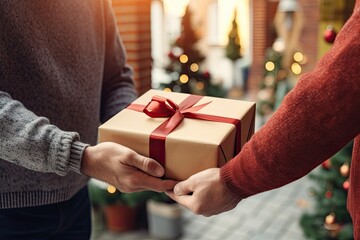 Hands with Christmas gift. Happy man receive Xmas box from delivery. Close up. Xmas greeting card. Generative AI.