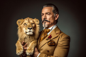 Captivating portrait with charismatic middle-aged circus ringleader holding a lovable lion cub, set on a simple color studio background. Generative AI - obrazy, fototapety, plakaty