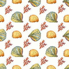 Watercolor pattern with colorful shells. Seamless pattern on a white background. Suitable for scrapbooking, invitations, gift paper.