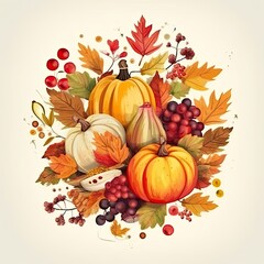 Watercolor Happy Thanksgiving Day with autumn leaves. Generative AI.