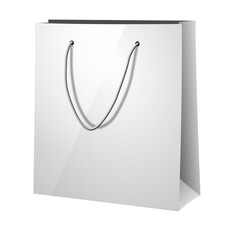 Blank shiny white paper bag. Photo realistic shopping bag, gift bag. Png clipart isolated on transparent background