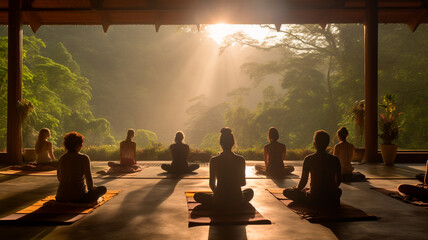 group of people practicing yoga on the mat in the evening at sunrise, yoga, thailand. Generative AI - obrazy, fototapety, plakaty