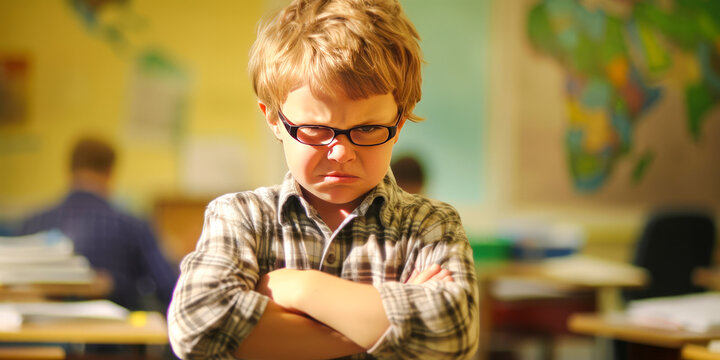 Compelling portrait of defiant, disruptive young student in classroom setting, showcasing a raw display of emotion and behavior. Generative AI