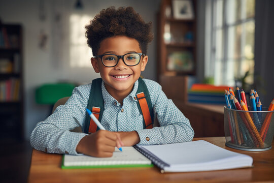 Smiling African American Child School Boy Writing In A Notebook. High Quality Photo