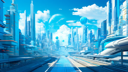futuristic city sci fi fi with blue and white futuristic space background with glowing neon lights and alien planet with reflection. Generative AI illustrator