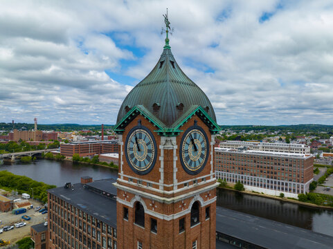 Ayer Mills aerial view by the Merrimack River in downtown Lawrence, Massachusetts MA, USA. The historic building was built in 1910 and now is abandoned. 