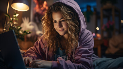 young beautiful woman sitting in the bed with mobile phone.generative ai