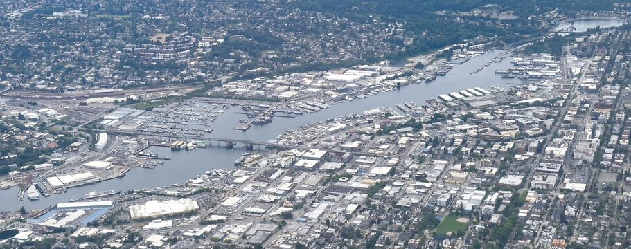 Aerial view of 15th Avenue Bridge over Lake Washington ship channel, Seattle, Washington