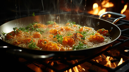 delicious fried chicken with vegetables in frying pan.generative ai