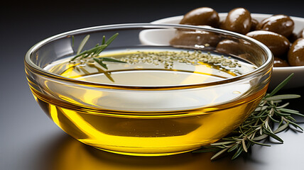 olive oil in glass bowl with olive branch.generative ai