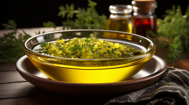 Olive Oil In Glass Bowl With Olive Branch.generative Ai