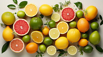 fresh oranges and leaves with green fruits on white background.generative ai