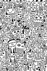 Illustration of coloring book doodle crowd cute alien monster Created with Generative AI technology.