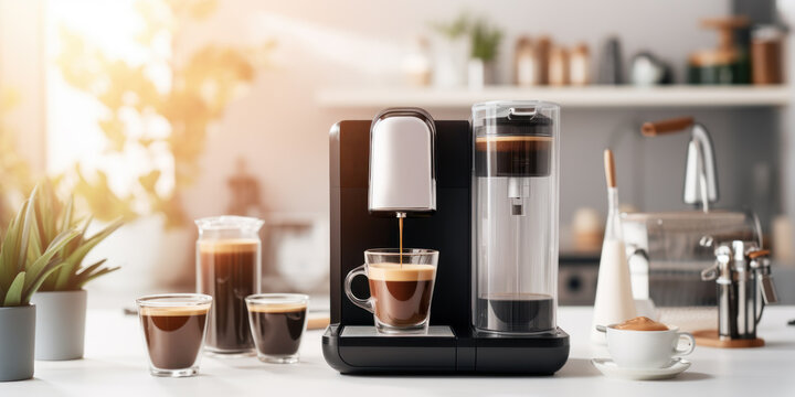 Modern coffee machine with glass cup of latte. Generative AI