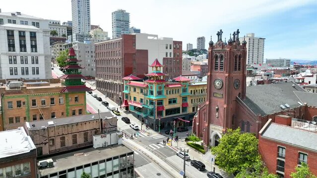 Chinatown aerial California with San Francisco Bay in distance
