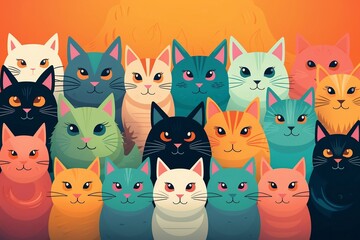 Cute Cats with Colored Pastel Hair, Isolated on an Orange Background. AI