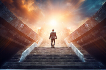 Ambitious businessman climbing the stairs to success. concept of career path success, future planning and business competitions. High quality photo