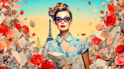 Fototapeta premium Woman in 60s Retro Style Illustration, Collage Lifestyle Digital Art Generative AI Wallpaper Cover Journal Background