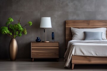 Contemporary Bedroom Featuring Nightstand with Lamp. AI