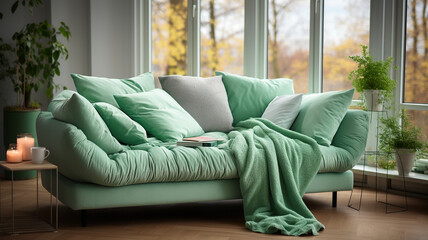Fototapeta na wymiar cozy home interior with comfortable sofa and coffee on sofa.generative ai