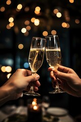 Two clinking glasses sparkling champagne wine in hands on bokeh lights blurred background, concept for holiday Christmas and New Year in restaurant and cafe collaborative Generative AI