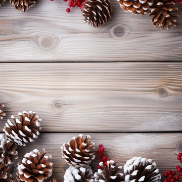 Pine cones with red berries on wooden background top view with space for text greeting card banner minimalistic modern concept for holiday Christmas and New Year Generative AI