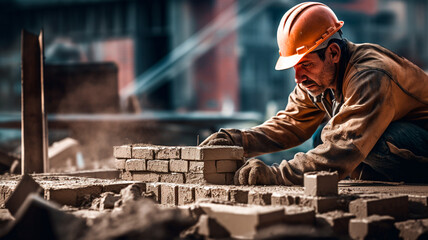 worker in protective uniform and helmet with a hammer . Generative AI illustrator