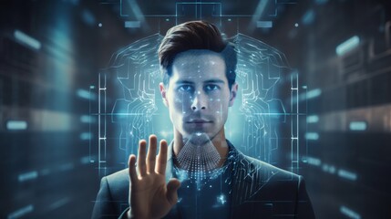 A customer using biometric authentication, such as fingerprint or facial recognition, to access their banking information, emphasizing the security enhancements enabled by AI