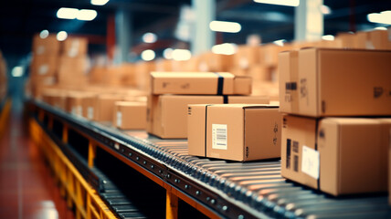 Cardboard boxes go on rails in a warehouse. Generative AI illustrator