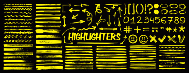 Highlighters markers in hand-drawn style. Numbers, underline, round, arrows, punctuation marks and sketch. Highlighters, hand drawn underline. Handwritten notes for text or school board. Vector set - obrazy, fototapety, plakaty