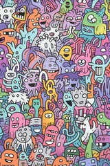Fototapeta na wymiar Illustration of colorful doodle crowd cute alien and monster Created with Generative AI technology.