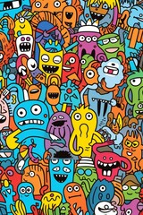 Illustration of colorful doodle crowd cute alien and monster Created with Generative AI technology.